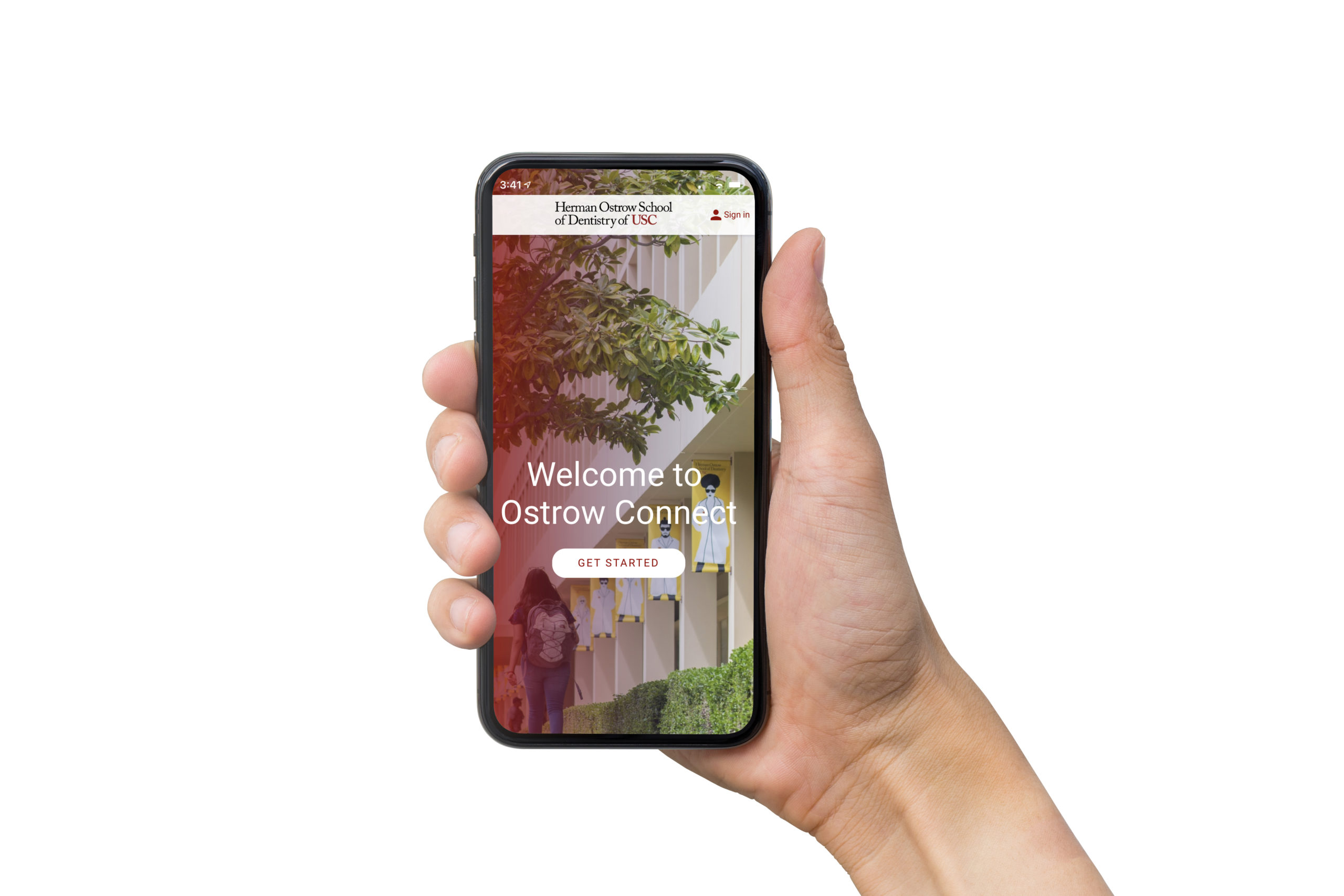 hand holding phone with Ostrow Connect home screen